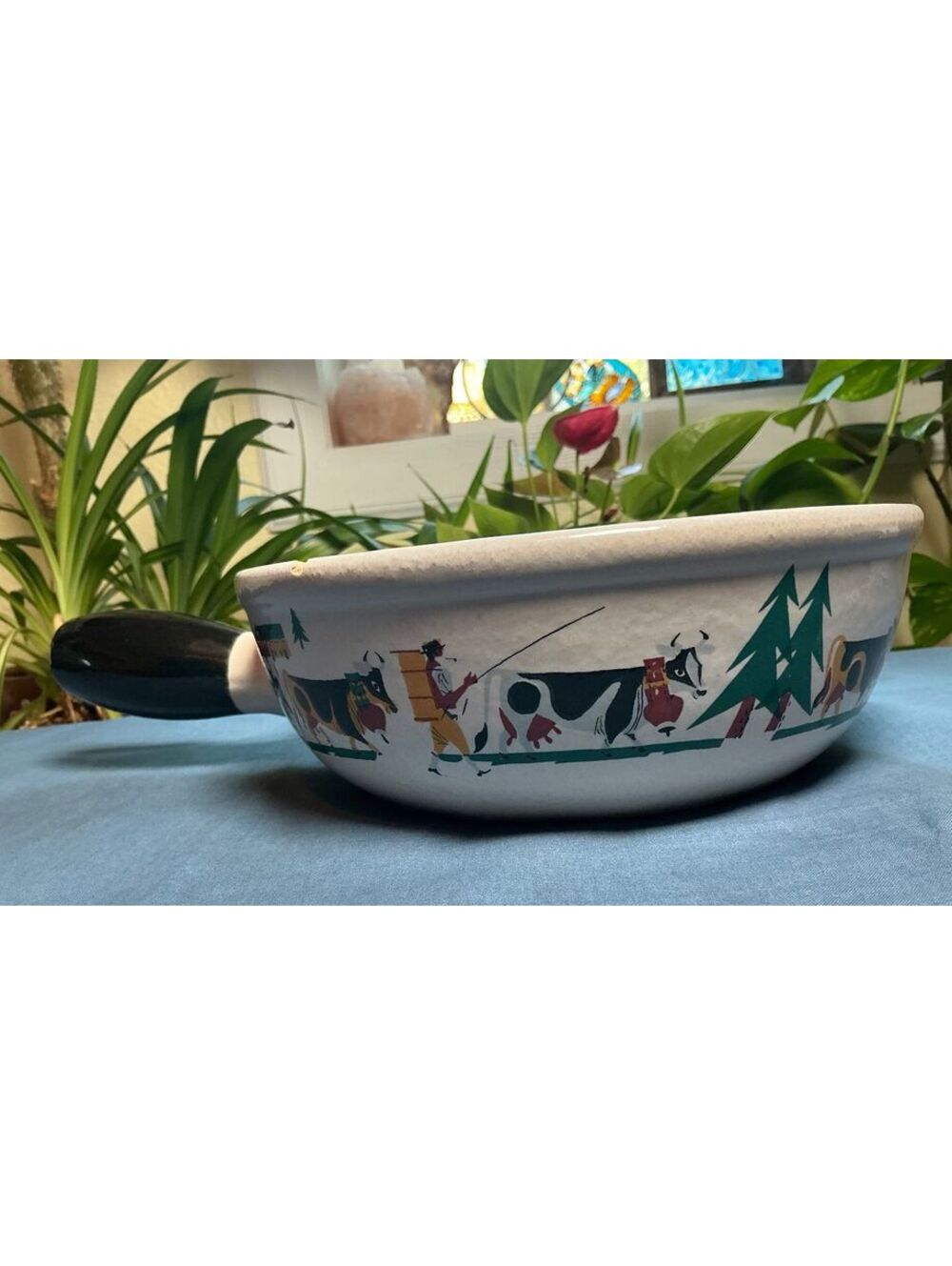 Vintage Landert Pottery Fondue Pot Swiss Folk Art Stoneware Swiss Alpine, Cow